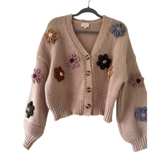 Chunky Knit Floral Cardigan Sweater By Entro Flower Pattern Crochet Button-Up - Picture 1 of 14